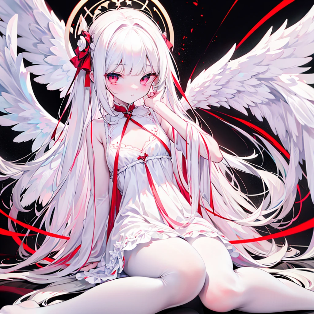    a long-haired angel ， White_hair， blood_ eyes small breasts   , Six Wings   , Look directly at the audience,    best quality, 8k,      super detailed  ,   whole body ,  Single,  red string，Chest,  whole body， white pantyhose，White_upper legs ，No shoes， beautiful detailed eyes ，Sweet_lolita, white robe 