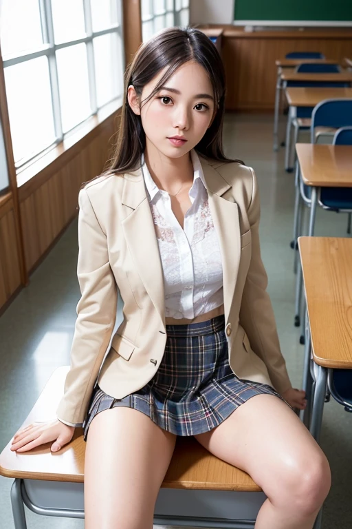 (8k、Professional、highest quality、masterpiece:1.2)、(Realistic、Photorealistic:1.37)、Very detailed、(Portraiture)、(Best Detail Skin:1.2)、(Most detailed surface:1.2)、Cinema Lighting、1 girl、Squat、Big  、high school girl、blazer、Check skirt、(Thighs open)、School classroom、Fluffy brown hair、With bangs、