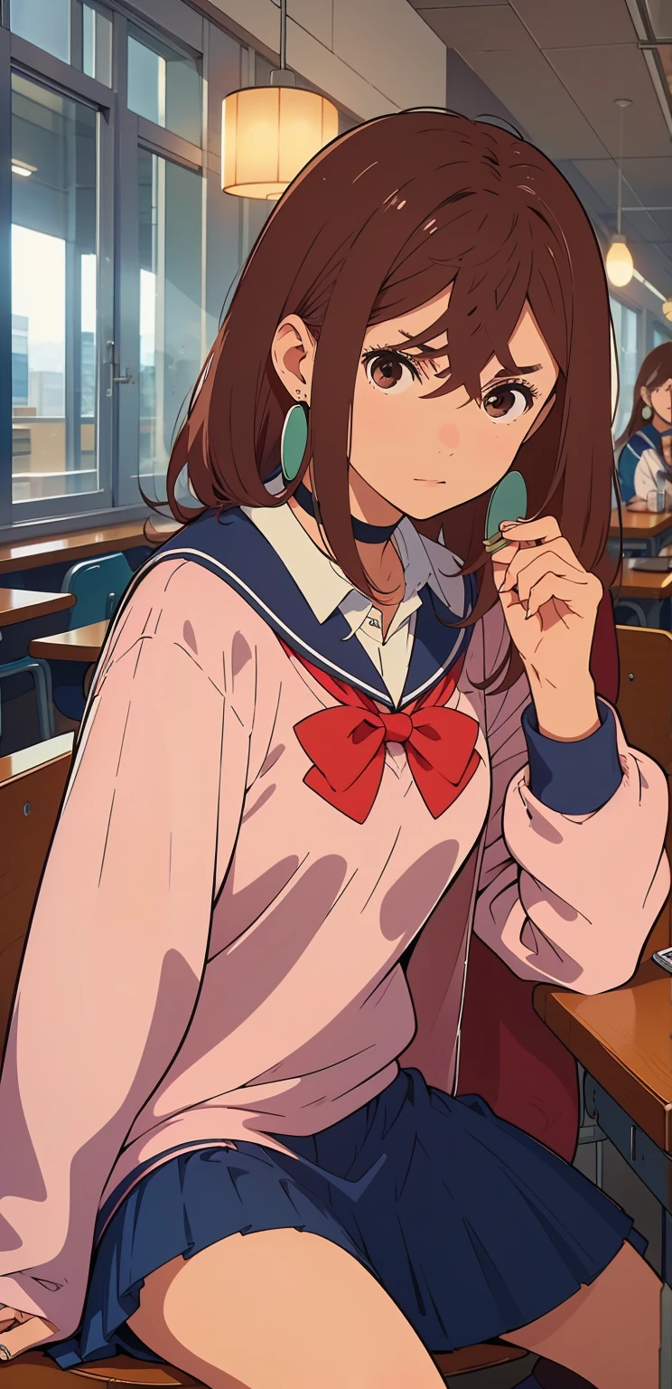 Brown hair, brown eyes, medium-length hair that frames the right side of her face. Momo is a teenage girl of average height. She often wears her school uniform, which includes a white undershirt, a long sleeve sweater with a loose bow, a navy skirt, baggy socks, and sandals. She also accessorizes with circular earrings and a black choker with a circular item at the back. Sitting in a restaurant .