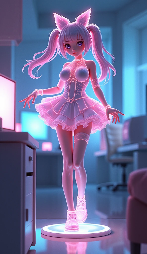 Busty breasts, puffy breasts, large breasts, Virtual Idol, digital 2D illustration holographic figure girl on desk, cute outfit, short skirt with wide frill, 1 knee up, dancing, dynamic pose, hologram body, intricate hologram outfit, hologram cute face, anime, cute big eyes, cyberpunk style, science fiction,