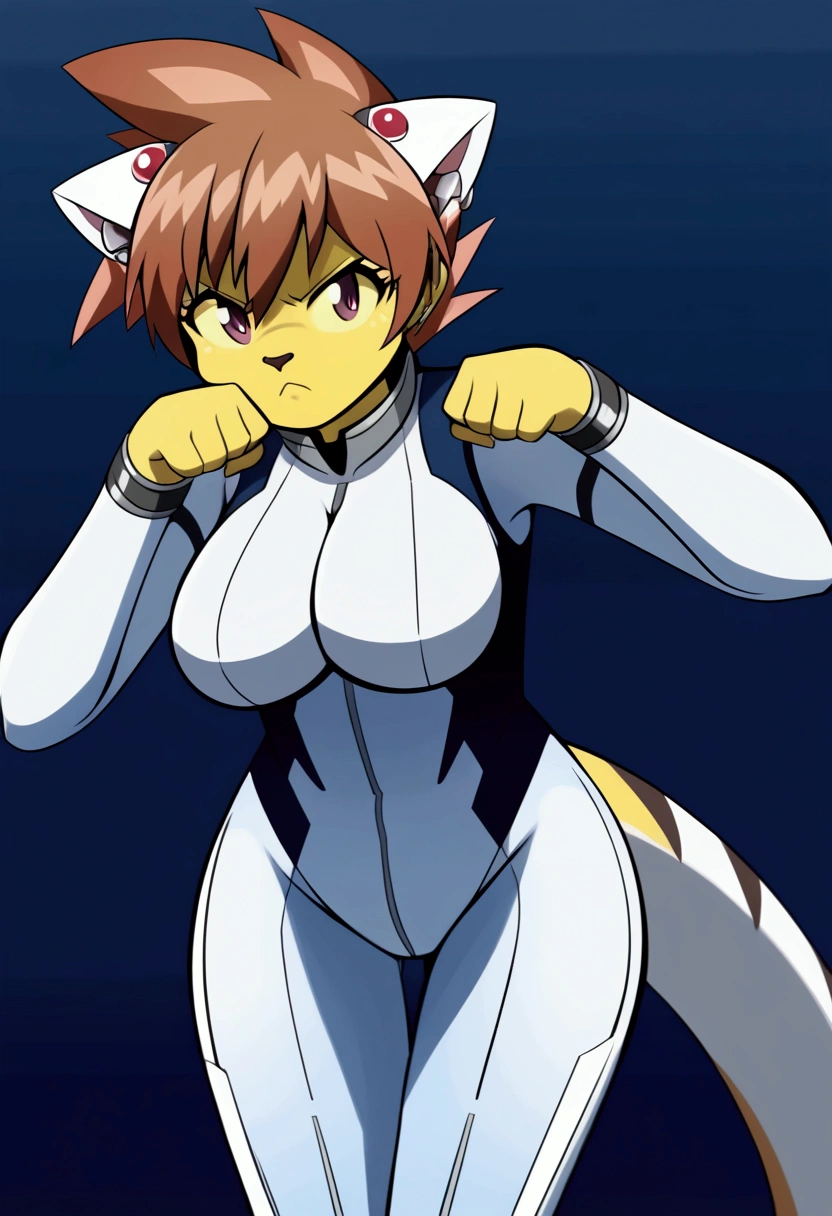 ultra-detailed, Explicit, Beautiful body, Beautiful Nose, Beautiful character design, perfect eyes, perfect face, ultra highres, 4K, beautiful legs, perfect legs, Nice hands, Perfect hand, Masterpiece, Best Quality, Highly detailed, illustration, absurdres, perfect anatomy, expressionless, blank eyes, emotionless,corruption, mind control, female combatant, full body, hypnotized, unhappy trance, full body suit, ribbed bodysuit, both arms at side, obey, perfect female body, looking at viewer, hypnosis, hypnoLora, empty eyes, Mind control device, poses, submissive_pose, Slave, Fighting Stance,numbersuit, two-tone bodysuit:0.9, blue bodysuit:0.9, light blue bodysuit:0.9, (((pixel-perfect, detail-perfect))) 1girl, solo, hair ornament, large breast, huge breast, hanekawa01, hanekawa02, very long hair, cleavage, yellow eyes, fangs, white hair, cat ears, (((all fours, crawl, crawling)))