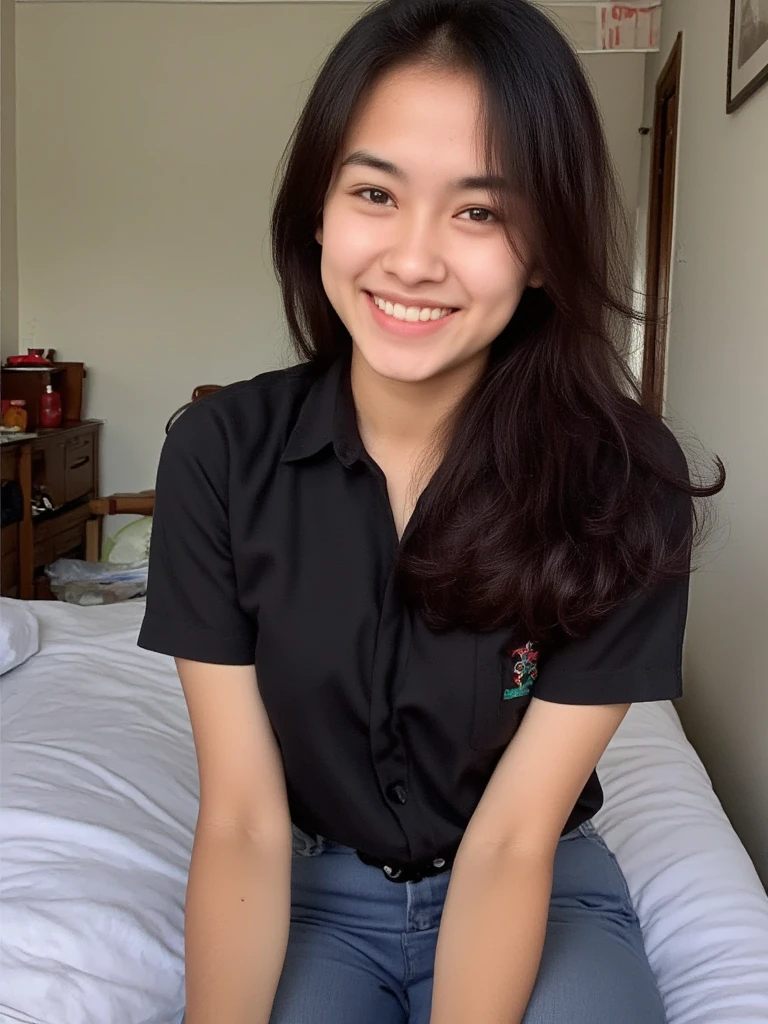 selfie, closeup face photo of 20 y.o ((doodle)) Indonesian_high_school, ((doodle)) wearing plain black t-shirt, 3, pale skin, (smile:0.2), at her bedroom