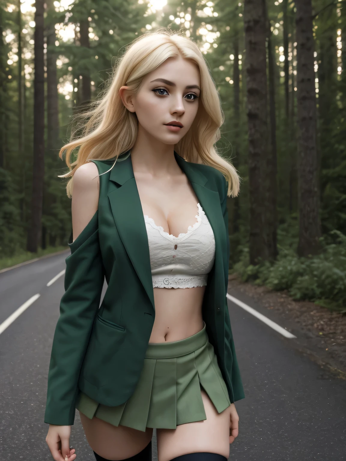 1girl in, age21, Eva Elfie, photo of perfect woman, portrait, looking straight at camera, 5'3", Solo, Aesthetic artwork, (blond, straight blonde hair, shoulder length blond hair:1.25), (clear skin, pale skin, medium breasts, C-cup, runners body, thin hips thin waist, skinny, detailed skin texture), Sweet Shy Face, Relaxed and beautiful face, perfect lips, (she is wearing a Green blazer uniform, red pleated micro miniskirt, black fishnet_stockings), (moody atmospheric road, dense forest of tall evergreen trees, road  wet reflects light, faded yellow lines running down the center), (extremely detailed 8k wallpaper), evening outdoor lighting, high quality, film grain, Fujifilm XT3 sharp focus, f 5.6, 50mm, High Detail, Sharp focus, (natural light), crazy details, complex details, hyper detailed