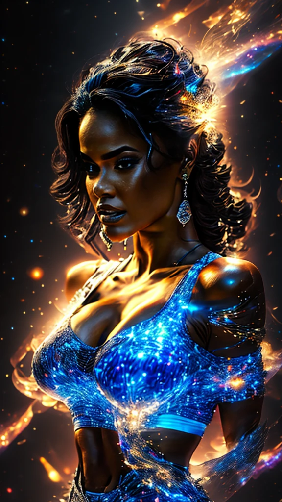 tmasterpiece,  Best-quality, Art Station, Extremely detailed , Latina Adult film actress Daisy Marie, 34dd's, cleavage, sideboob, Perfectly proportioned, Contrast display, ultra realistic, black backdrop, galaxy, Endless Lights, Strewn with fine flash details, 8k, Reality, The vibrant, Luminescent, Exciting, hyper-detalied, The vibrant, Filmic, Environment Occlusion, chromatic aberration.