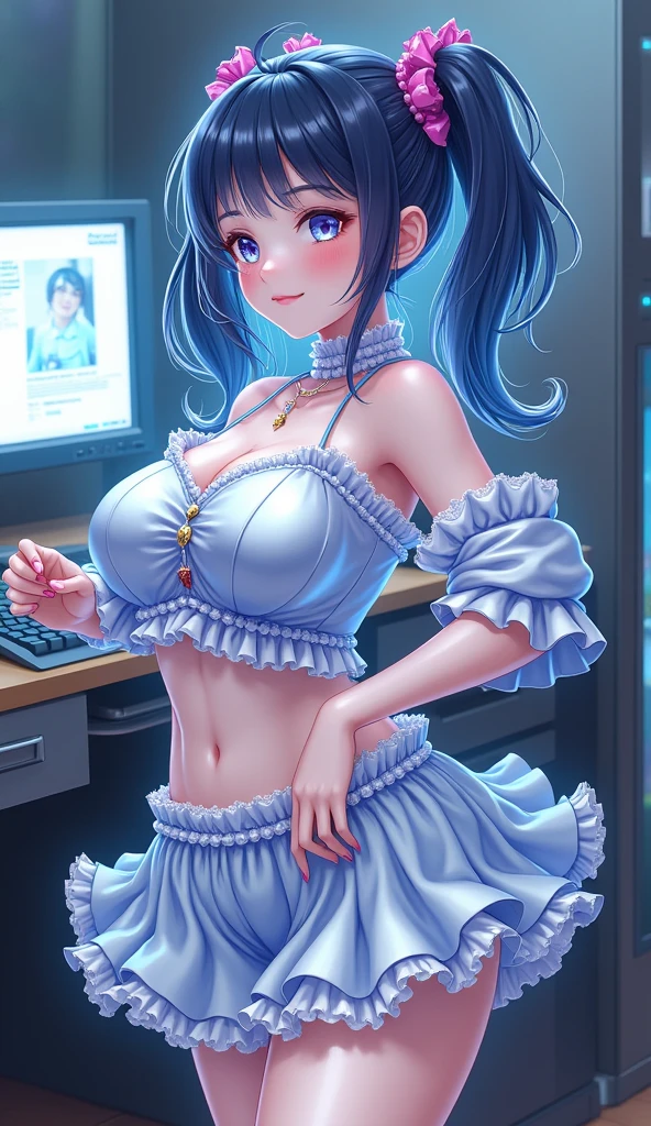 Busty breasts, puffy breasts, large breasts, virtual idol, digital 2D illustration holographic figure girl on desk, cute outfit, short skirt with wide frill, 1 knee up, thick thigh, dancing, dynamic pose, hologram body, intricate hologram outfit, hologram cute face, anime, cute big eyes, cyberpunk style, science fiction, background see-through body, 