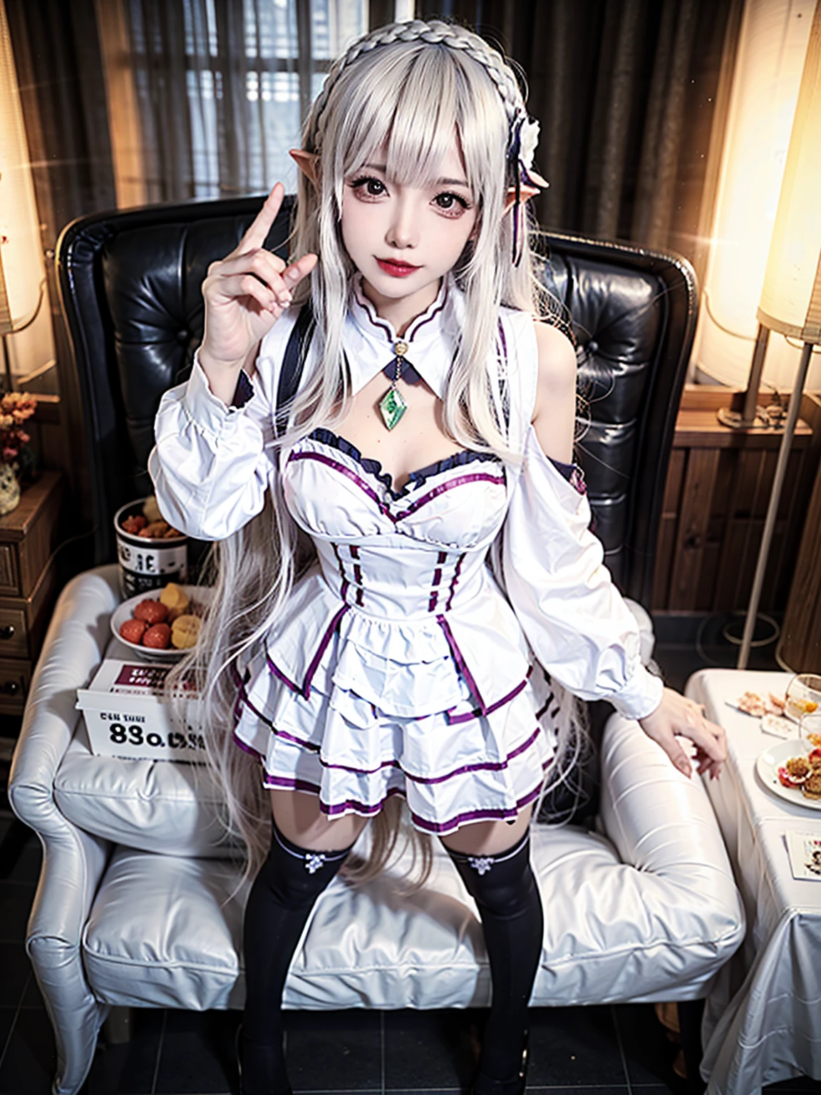 32k clarity，High bitrate，8K分辨率，1girll（20yr old，Height 1.7），Long silver hair，Pink Lolita costume，pretty  face，The most beautiful physiognomy，Touching smile，Feminine expression，tiara crown，huge tit，perfect body figure，Short pink skirt，stocklings，Ribbons，Slim long legs，Sit Pose，Fantastic city background