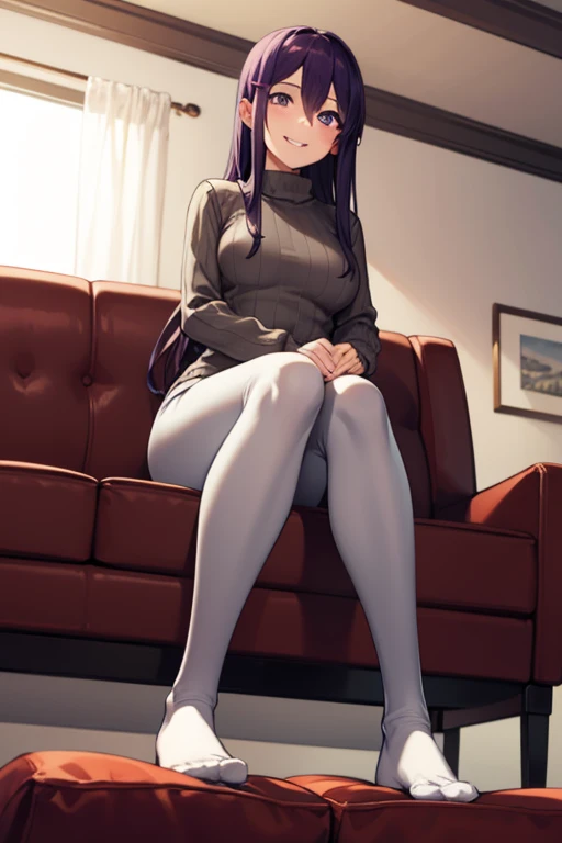 ((full body:1.4)), ddlcyuri, ddlcyuri, hair ornament, hairclip, long hair, (purple eyes:1.1), purple hair, grin, smile, hair over eyes, wide smile, living room background, ((sitting on black sofa:1.4)),
((grey sweater:1.4)), ((black leggins:1.4)), ribbed sweater, sweater, ((ankle white socks:1.4)), turtleneck, turtleneck sweater,
BREAK looking at viewer, BREAK indoors, livingroom background, BREAK (masterpiece:1.2), best quality, high resolution, unity 8k wallpaper, (illustration:0.8), (beautiful detailed eyes:1.6), extremely detailed face, perfect lighting, extremely detailed CG, (perfect hands, perfect anatomy), ((view from below:1.4)),