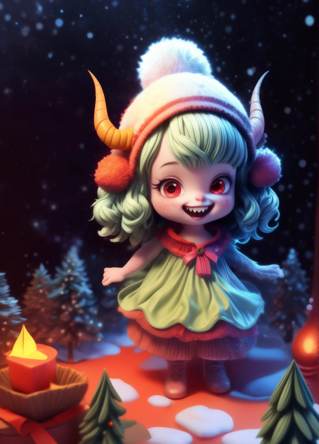 cute smiling monster girl, adorable devil girl, winter holiday, cute devil, cute and spooky devil, whimsical devil, devil creature, devil girl with big eyes, devil girl with colorful hair, monster girl in a playful pose, devil girl with a friendly expression, playful devil, cute devil character, bright colors, pastel colors, soft lighting, fantasy art, digital painting, artstation quality, 8k, highly detailed, intricate details, clean lines, smooth shading, painting style, happy winter holidays devil girl with her monster friends