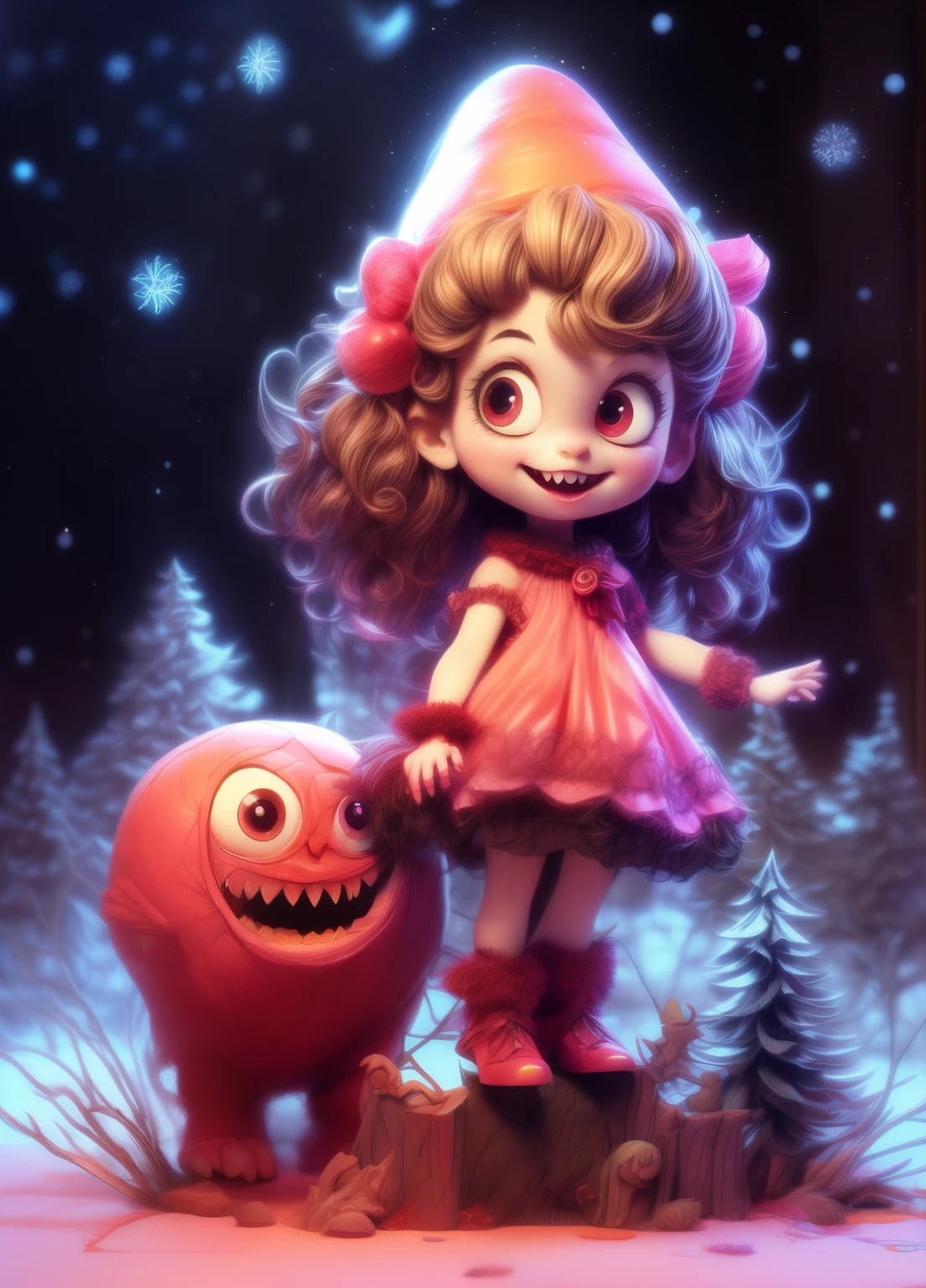 cute smiling monster girl, adorable devil girl, winter holiday, cute devil, cute and spooky devil, whimsical devil, devil creature, devil girl with big eyes, devil girl with colorful hair, monster girl in a playful pose, devil girl with a friendly expression, playful devil, cute devil character, bright colors, pastel colors, soft lighting, fantasy art, digital painting, artstation quality, 8k, highly detailed, intricate details, clean lines, smooth shading, painting style, happy cute devil girl with play with her monster friends