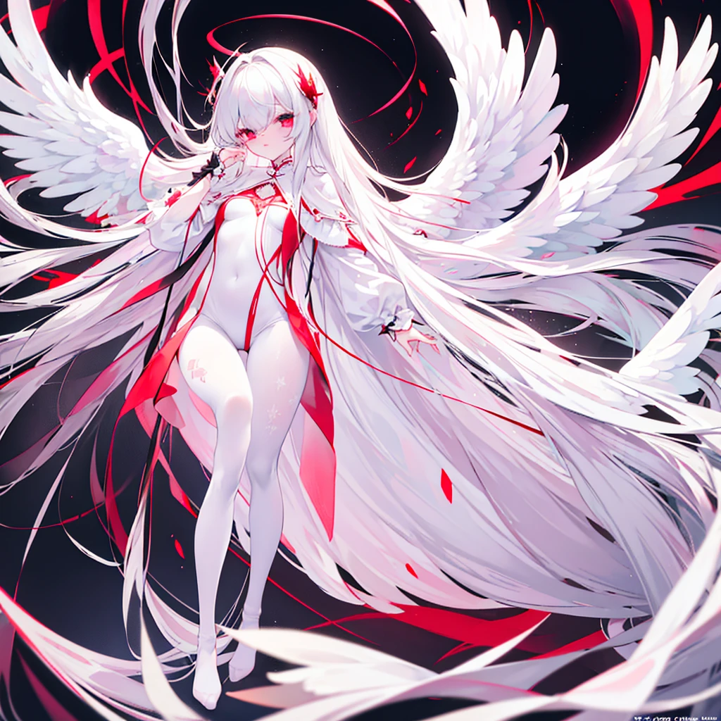    a long-haired angel ， White_hair， blood_ eyes small breasts   , Six Wings   , Look directly at the audience,    best quality, 8k,      super detailed  ,   whole body ,  Single,  red string，Chest,  whole body， white pantyhose，White_upper legs ，No shoes， beautiful detailed eyes ，Sweet_lolita, white robe 