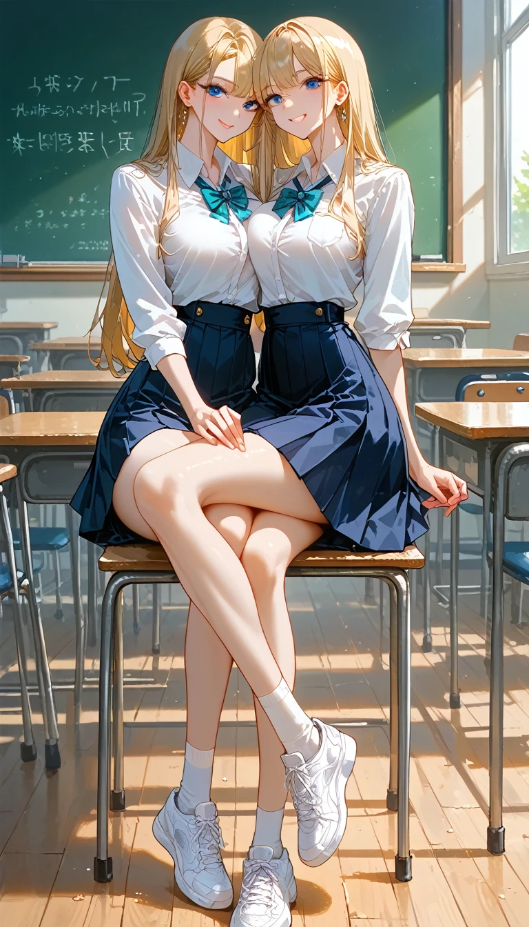 Tall woman,(((Tall body:1.5,Slim model figure:1.3)))、(( huge chest, thin waist, Tight Waist,Hanged waist,Long legs,Healthy skin tone)),((Small face,Broad shoulders, glamorous figure ))、Blue Eyes,Golden Hair( long straight hair ,Asymmetrical bangs,)、 school uniform( white shirt ,mini skirt,sneakers)、 at dawn、 seated on a chair and took a picture、School classroom in the background(indoor)、Shading Effects、 Gradation Magic Effects 、((((Highest quality, absolute resolution ,Best Quality, masterpiece,Extremely detailed facial depiction,officialart, perfect anatomy ,(beautiful,Extremely delicate,Fluent , super real ,distinct), Extremely complex, three-dimensional details,Soft retouching ,2.5D,Artistic photography, graphics CG digital art))))、Front View,smile