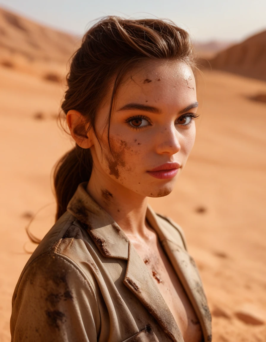 sksjedi, 1girl, solo, looking at viewer, brown eyes, brown hair, outdoors, lips, realistic, dirty, desert, professional, 4k, highly detailed 