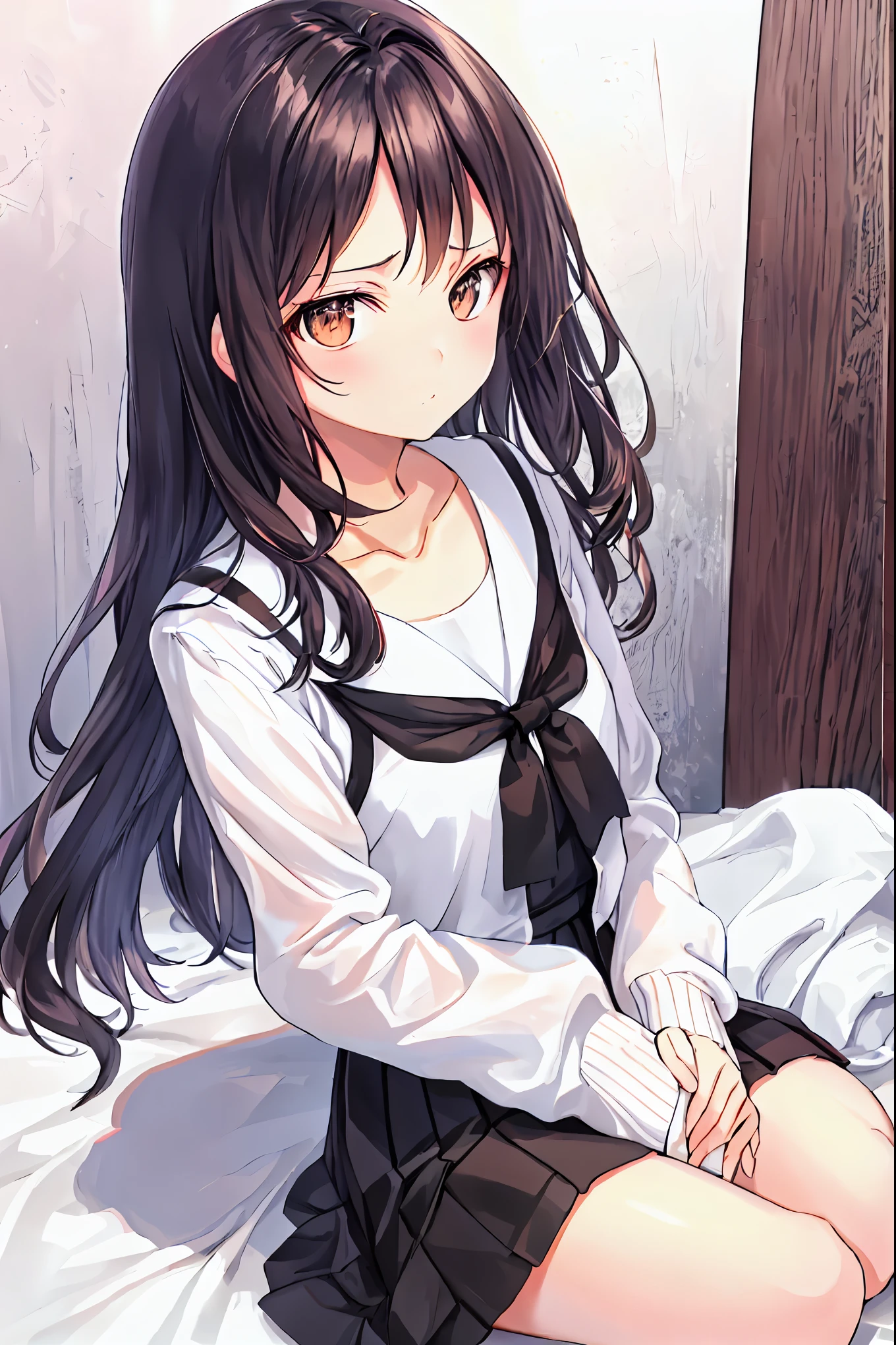 ( s)，Best Quality， beautiful face in every detail ，cute，  dark brown eyes，(背の低いcute女の子，Young student，Young and delicate girl）,（masterpiece，Best Quality)， Black Hair ， sleepy look after intercourse， short-sleeved white shirt，Checkered white skirt，Pathetic，Pathetic，Pathetic