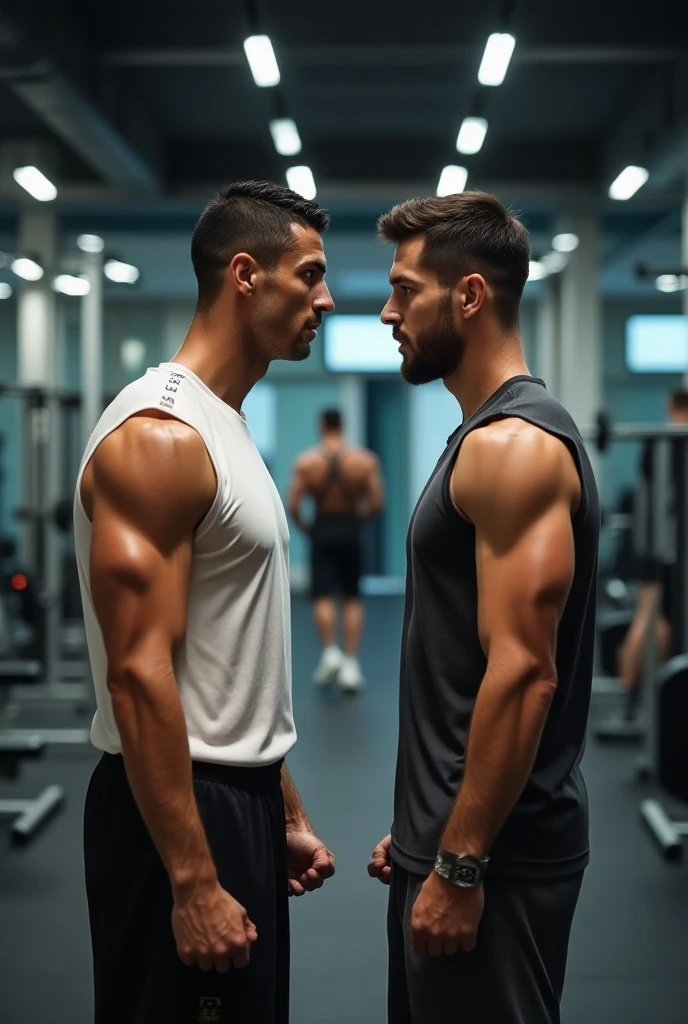 Two muscular males using a condom on their penises