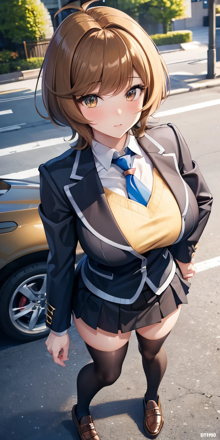 1 Female,High definition,high resolution,Ultra-realistic,8K, hmza, short hair, antenna hair, brown eyes, school uniform, blue necktie, yellow shirt,black jacket, long sleeves, black skirt,tight skirt, miniskirt, large breasts, brown shoes,large breasts,European,sexy,Upper body close-up,Photographed from the front,Dynamic Angles,blush, big tits ,(top view),(full body), perfect face,cute face