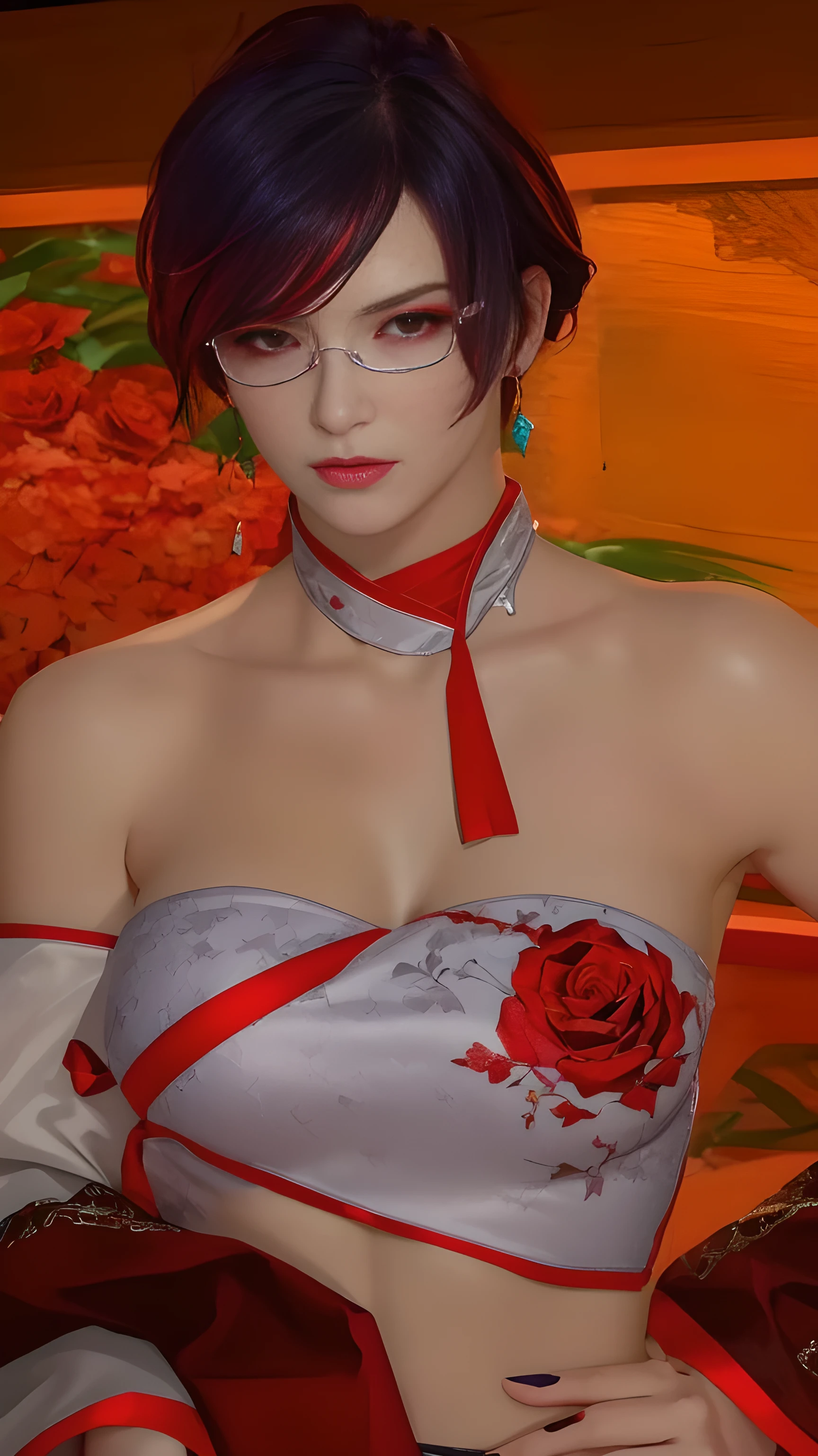 there is a woman with tank top and a red rose ornament on her chest, white glasses, full body!! maximalist details, wearing a sexy cropped top, close up half body shot, cyberpunk style outfit, cinematic outfit photo, jrpg fashion, full body close-up shot, fantasy outfit, red-purple hair color, short hair, red eye shadow makeup, close up half body shot, full body close-up shot, upper body close up, scales on her chest, heavy gesture style closeup, upper body close - up, detailed upper body, scales covering her chest, highly detailed upper body, full body shot close up, high texture detail), intriguing details, female roegadyn from Final Fantasy 14, (best quality), (best shade), ((erotic, Sexy), ultra high resolution, HD CG unified 8K wallpaper, Physically based rendering, movie lighting),