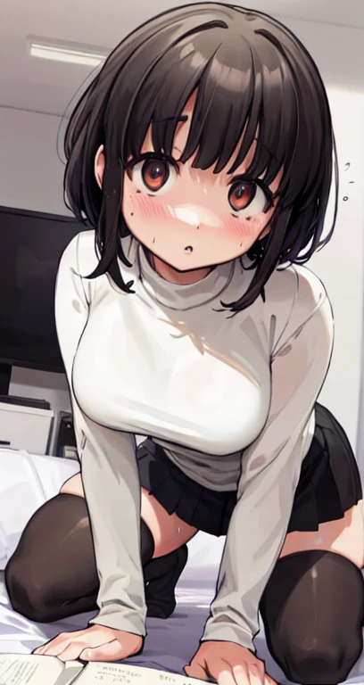   of the highest quality ,(8K portrait),(official art)、obesity、(( short hair))、Blush,(( dark hair clothing)),(Sweat), knee-high black socks 、a woman,((:is))、warm、 office room、cups、 thick thighs , Like an idiot , liar,  crotch opening , Dettol,  down 、( dynamic pose )、 A body that doesn't look like IS、Dynamic angles、turning around、high neck sweater、on all fours、on your knees