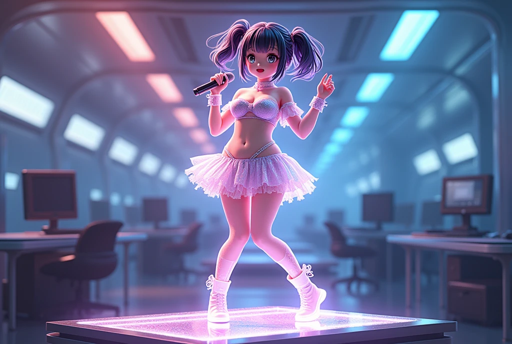 Busty breasts, puffy breasts, large breasts, virtual idol, digital 2D illustration holographic figure girl on desk, cute outfit, short skirt with wide frill, 1 knee up, 1knee put ground, thick thigh, glowing transparent hair, short twin tail hair, transparent legs with boots, dancing and singing, take 🎤, dynamic pose, hologram body, intricate hologram outfit, hologram cute face, realistic anime, cute big eyes, transparent body, cyberpunk style, in future, in science fiction,  