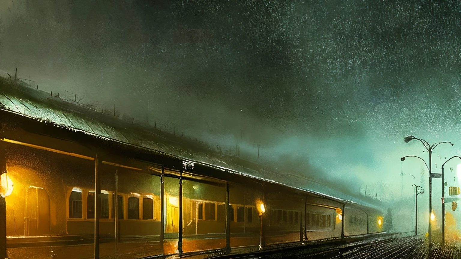 impressionist painting style , dark environment, heavy fog , train station
