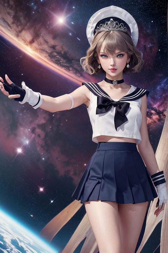 (masterpiece:1.2), (best quality:1.2), (extremely detailed:1.2),
Taylor Swift, (shot hair:1.2), shy smile, dynamic pose,
sailor saturn, tiara, sailor senshi uniform, pleated skirt, elbow gloves, jewelry, brooch, choker, (no skirt:1.4),
outer space, 