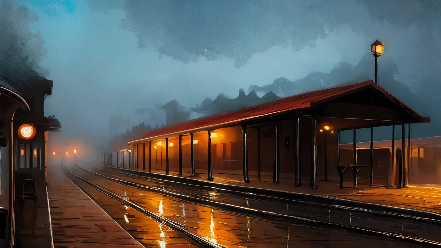 impressionist painting style , dark environment, heavy fog , train station
