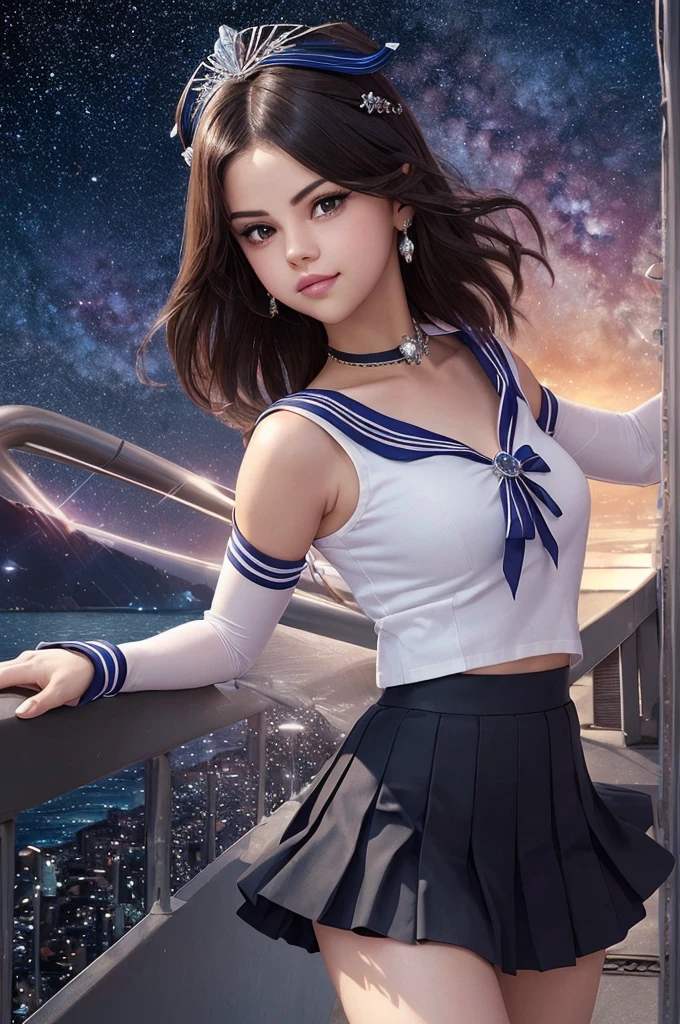 (masterpiece:1.2), (best quality:1.2), (extremely detailed:1.2),
Selena Gomez, (shot hair:1.2), shy smile, dynamic pose,
sailor saturn, tiara, sailor senshi uniform, pleated mini skirt, elbow gloves, jewelry, brooch, choker, (no skirt:1.4),
outer space, 