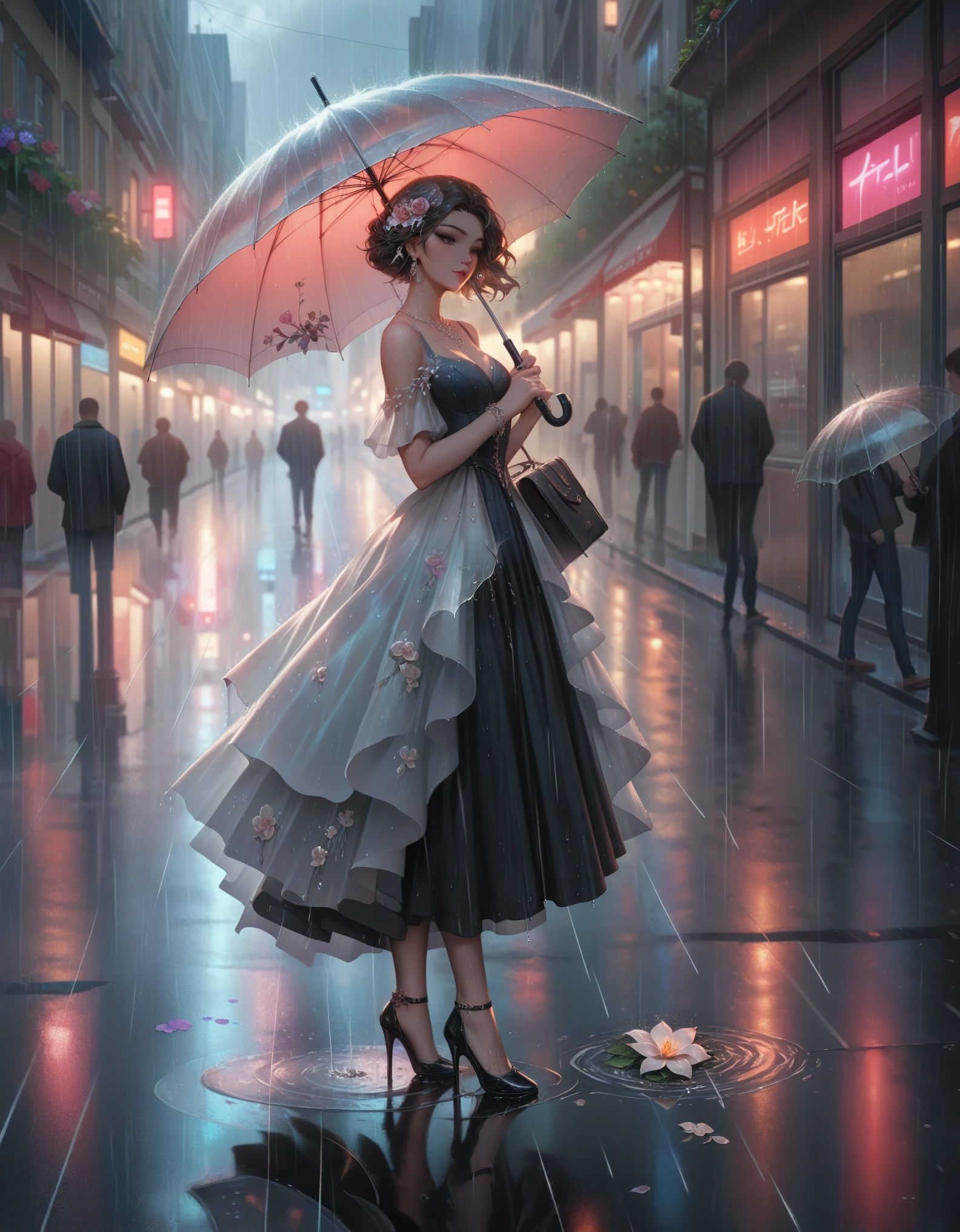 score_9, score_8_up, score_7_up, beautiful and intricate hair, high-res, beautiful aesthetic, very intricate, high quality details. 1girl, flower dress, high heels, urban, street, rain, wind, umbrella, holding umbrella, puddle, holding clothes