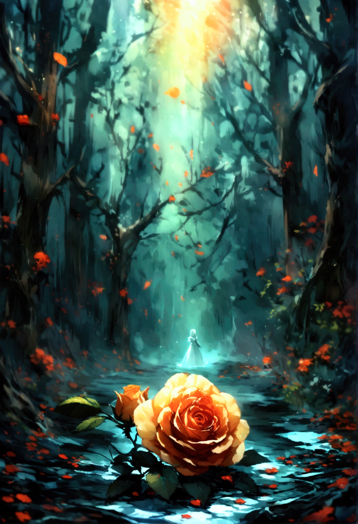 In the darkness, a tattered and withered and scattered single rose is placed, faint beautiful light illuminates the rose beautifully. Feel something has ended.  atmosphere. quiet atmosphere. scene of a moving film appeals to the heart.