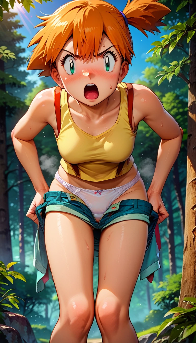 anime style, score_9,  score_8_up, score_7_up, score_6_up, source_anime, 1girl, solo, misty \(pokemon\), side ponytail, yellow tank top, forest, tree, sky, facing front, from front, denim shorts around thighs, (white panties:1.3), looking at viewer, open mouth, surprised, angry, sweat, steam, (undressing:1.2), leaning forward, bottomless