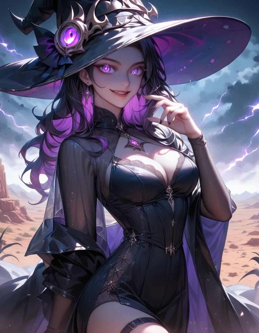 score_9, score_8_up, score_7_up, beautiful and intricate hair, high-res, beautiful aesthetic, very intricate, high quality details. 1girl, witch, witch hat, evil smile, glowing eyes, villain pose, evil moonlight, mysterious atmosphere, glowing mist, luminous rocks, desert landscape, wide shot, night, outdoors
