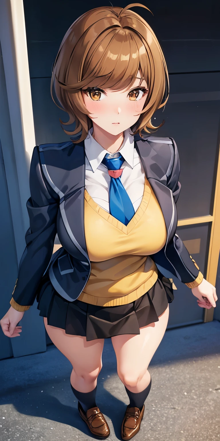 1 Female,High definition,high resolution,Ultra-realistic,8K, hmza, short hair, antenna hair, brown eyes, school uniform, blue necktie, yellow shirt,black jacket, long sleeves, black skirt,tight skirt, miniskirt, large breasts, brown shoes,large breasts,European,sexy,Upper body close-up,Photographed from the front,Dynamic Angles,blush, big tits ,(top view),(full body), perfect face,cute face