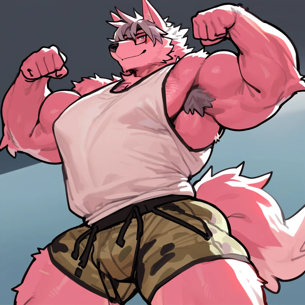 Muscular male wearing cute pink panties and thigh high socks, has long flowing white hair, has wolf ears, has wolf tail, wearing lingerie, sweaty, is alone, solo