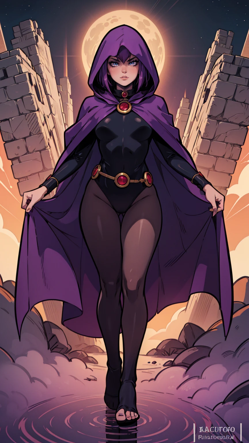 ((photo by full body, standing, Feet on the ground))illustration of Raven from DC Comics, 1 girl, Raven, high collar, collant preto, black cloack, hooded cloak, cabelo roxo, testa jeauel, purples eyes, shorth hair, waist belt, stretched skin, standing, neckleace, toned, pose, natta , moonlights, ((posando)), motion lines, trunk, trunk, portraite, b&au. contour, in anime tarot card art style, chic, glamorous, reflection, Glow Up, shadowing, pantyhose 40 dinier, mic, dynamic angle