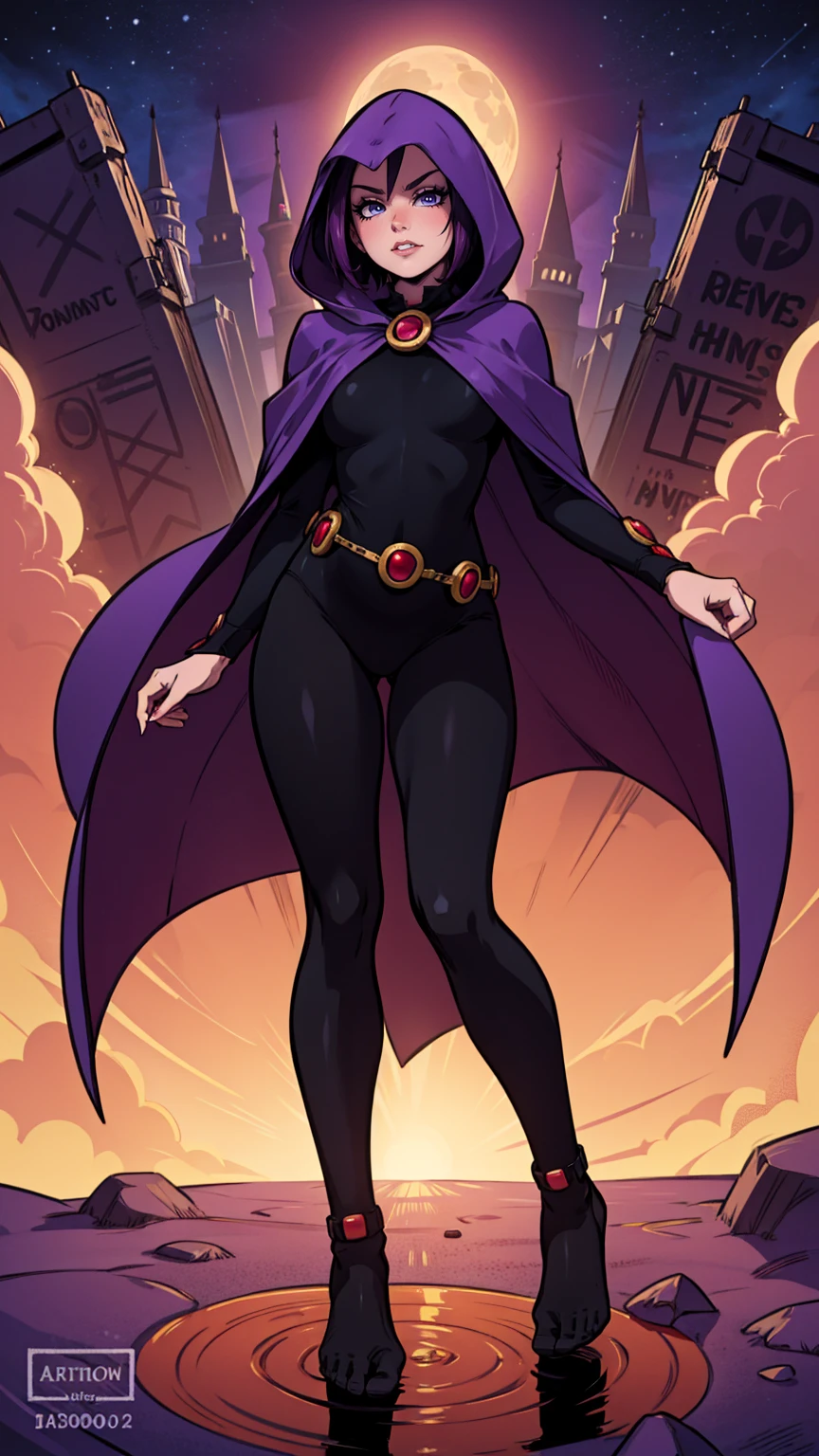 ((photo by full body, standing, Feet on the ground))illustration of Raven from DC Comics, 1 girl, Raven, high collar, collant preto, black cloack, hooded cloak, cabelo roxo, testa jeauel, purples eyes, shorth hair, waist belt, stretched skin, standing, neckleace, toned, pose, natta , moonlights, ((posando)), motion lines, trunk, trunk, portraite, b&au. contour, in anime tarot card art style, chic, glamorous, reflection, Glow Up, shadowing, pantyhose 40 dinier, mic, dynamic angle