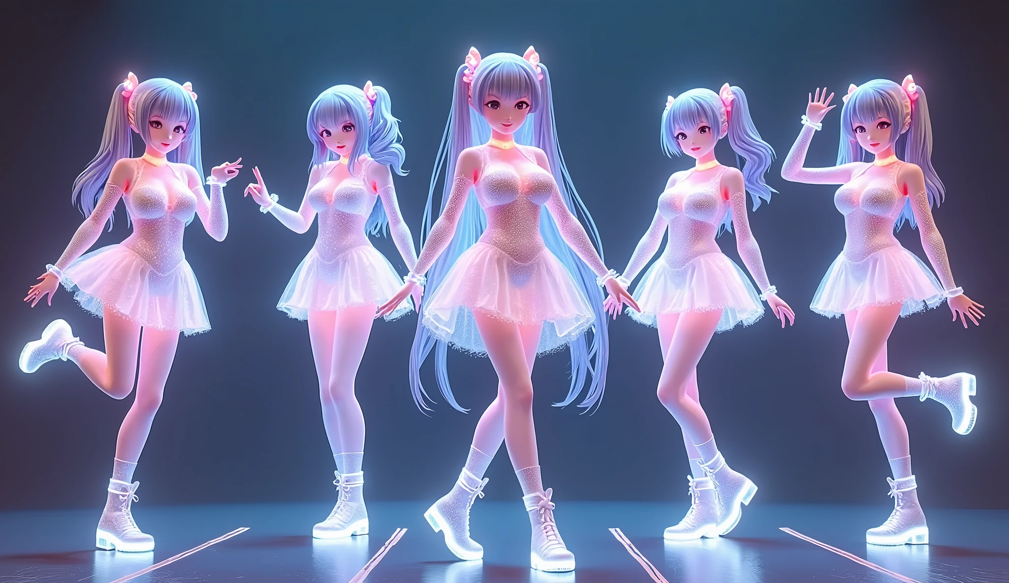 Busty breasts, puffy breasts, large breasts, virtual idol, digital 2D illustration holographic figure girls group on desk, cute outfit, short skirt with wide frill, 1 knee up, 1knee put ground, thick thigh, glowing transparent hair, short twin tail hair, transparent gorgeous glowing dress, transparent legs with boots, dancing and singing, take 🎤, dynamic pose, hologram body, intricate hologram outfit, hologram cute face, realistic anime, cute big eyes, transparent body, cyberpunk style, in future, in science fiction,  