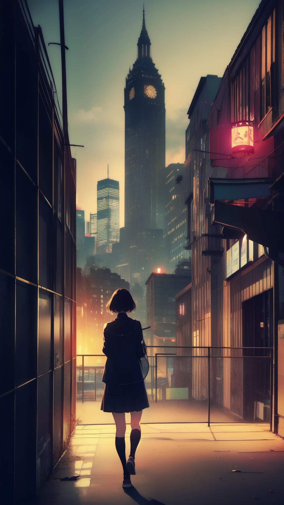 (masterpiece:1.2) ( best quality) ( Detailed ) (complicated) (8k) ( high res) (Wallpaper) (Cinema Lighting) ( sharp focus ),A girl, building, chain-link_fence, fence, No text provided to translate.scraper, cityscape, ferris_ wheel , green_ No text provided to translate., city, racket, No text provided to translate., Blusher, tennis_racket, No text provided to translate.line, rooftop, architecture , laugh, afternoon, East _ Asian people _ architecture , lens_flame, tower, leg, house, open _mouth, bona fide_world_ location , abigail