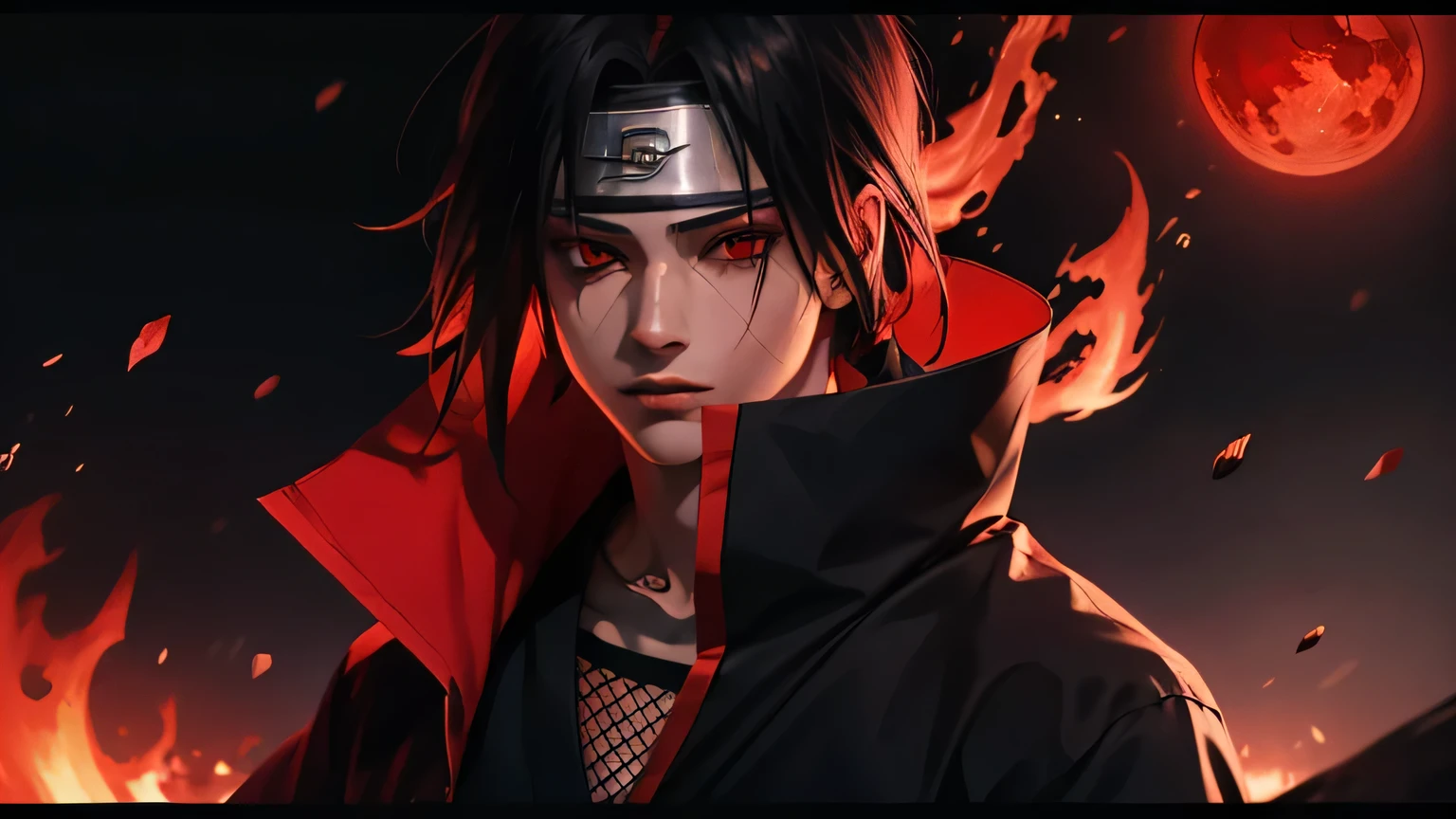 Masterpiece, high detailed, a young man covered in black cape with red cloud drawing or akatsuki robe from naruto, itachi uchiha, red eyes, upper body, shinobi, Konoha headband, red moon in the background, red theme, from naruto, long hair, covered in red flame