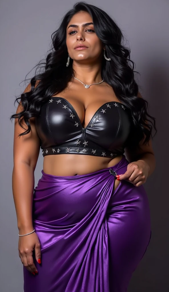 A stunning woman with neon colors adorning her outfit, she dons a sweater dress that fits her perfectly. Her hips are hugely imposing, immensely wide and curvy, contrasted by a tiny waist that showcases ripped abs. Her legs are thick and strong, framed by the glowing neon hues of her ensemble. Her dark skin appears radiant under the vibrant lights, adding an alluring mystique to her allure. The 70mm lens captures every detail, from her facial features to the intricacies of her sweater dress. The scene exudes a trendy and edgy vibe, fitting for this captivating woman. Her personality is as enig