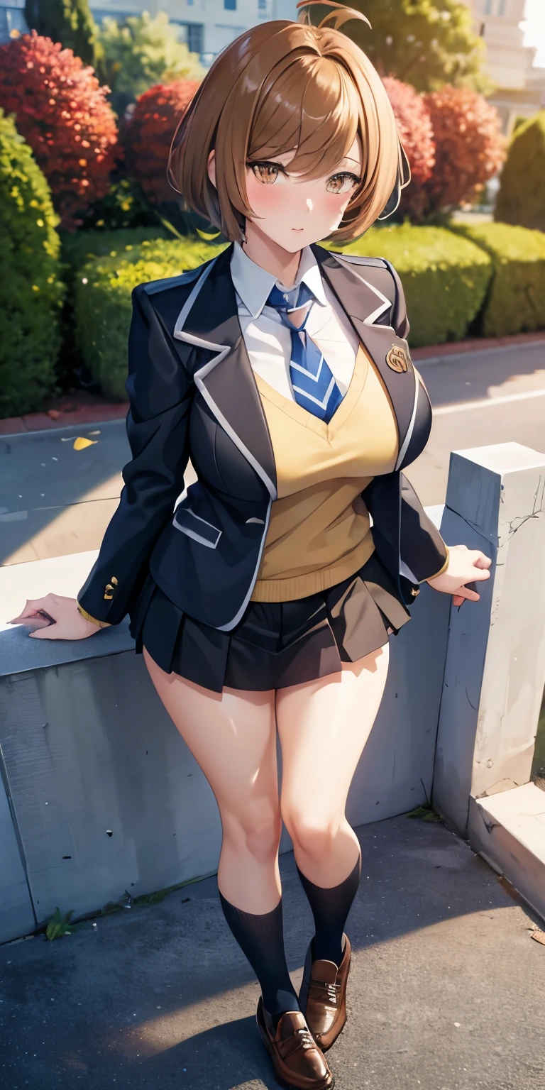 1 Female,High definition,high resolution,Ultra-realistic,8K, hmza, short hair, antenna hair, brown eyes, school uniform, blue necktie, yellow shirt,black jacket, long sleeves, black skirt,tight skirt, miniskirt, large breasts, brown shoes,large breasts,European,sexy,Upper body close-up,Photographed from the front,Dynamic Angles,blush, big tits ,(full body), perfect face,cute face