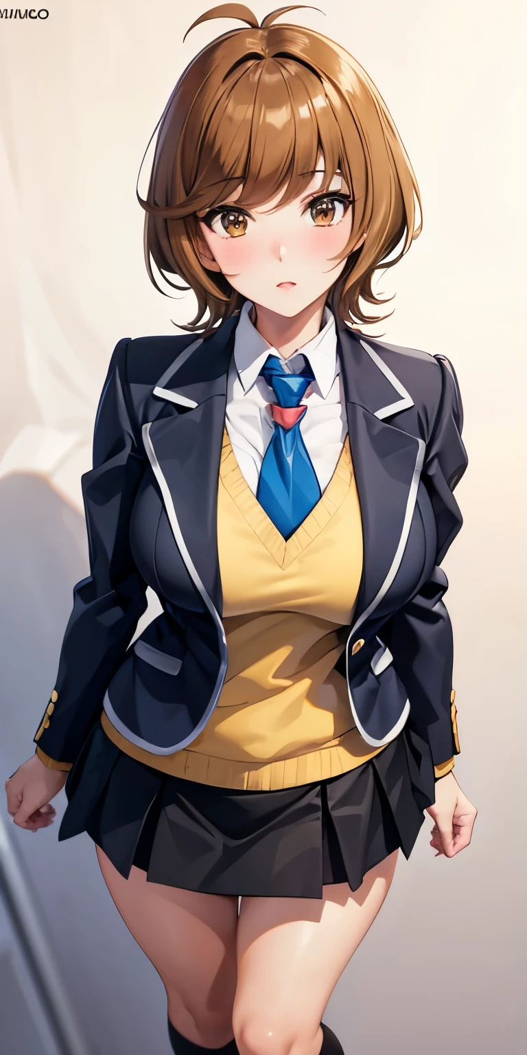 1 Female,High definition,high resolution,Ultra-realistic,8K, hmza, short hair, antenna hair, brown eyes, school uniform, blue necktie, yellow shirt,black jacket, long sleeves, black skirt,tight skirt, miniskirt, large breasts, brown shoes,large breasts,European,sexy,Upper body close-up,Photographed from the front,Dynamic Angles,blush, big tits ,(full body), perfect face,cute face