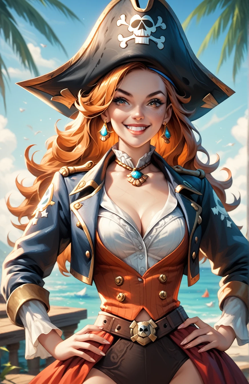 score_9, score_8_up, score_7_up, beautiful and intricate hair, high-res, beautiful aesthetic, very intricate, high quality details. 1girl, female pirate captain, pirate captain clothes, pirate hat, brown orange hair. both hands on hips, evil grin, background tropical island
