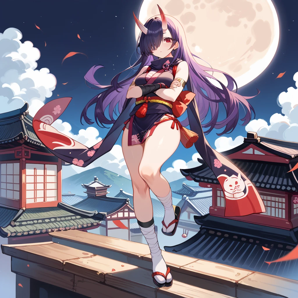 1 girl, short, long hair, hair over one eye, dark purple hair, Oni mask, red eyes, thick thighs, wide hips, Kunoichi garb, ninja outfit, kunai strapped to thigh, ancient japan, standing on rooftop, arms crossed, feet together, tabi, large moon, night, 