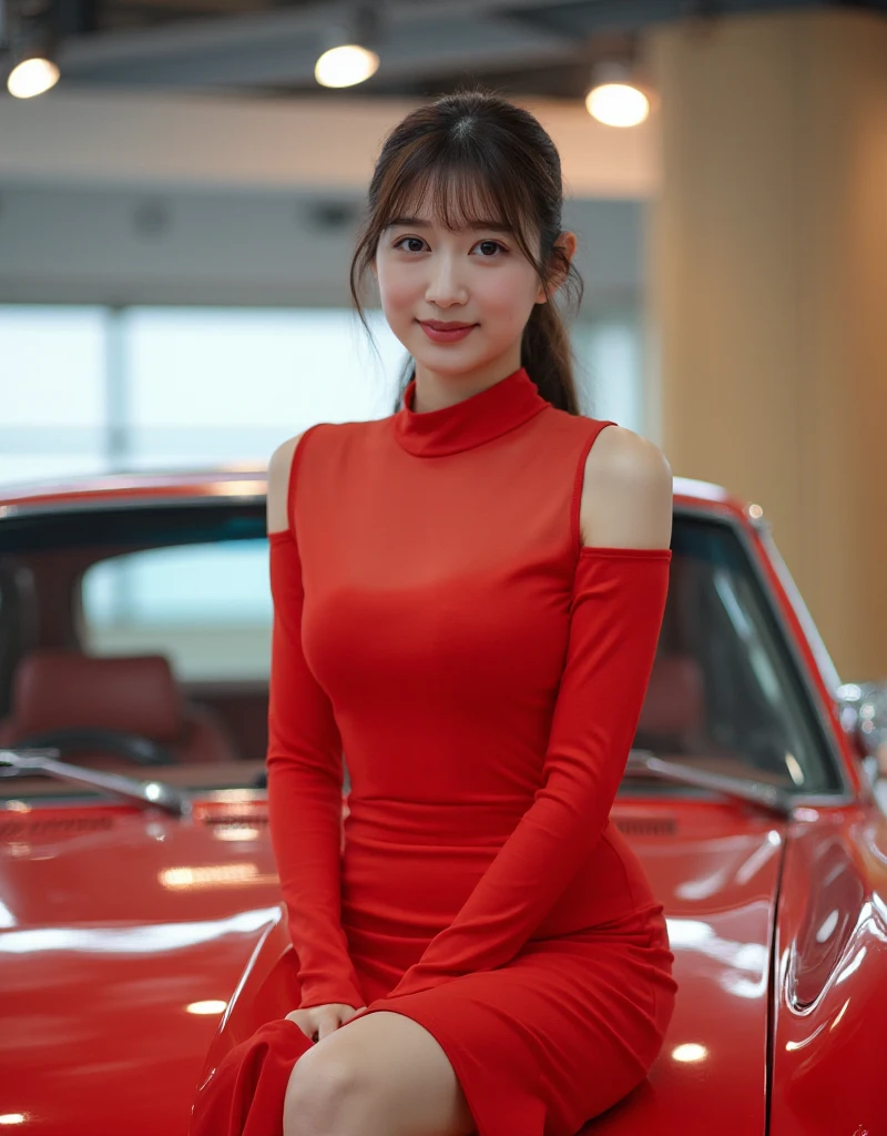 1 girl, (Wear a bright red dress:1.2), Very beautiful Japanese idol portraits, 
(RAW Photos, highest quality), (Realistic, Realistic:1.4), (masterpiece), 
Very delicate and beautiful, Very detailed, 2k wallpaper, wonderful, finely, Very detailed CG Unity 8K wallpaper, Very detailed, High resolution, Soft Light, 
Beautiful detailed girl, Very detailed目と顔, Beautiful and sophisticated nose, Beautiful and beautiful eyes, Cinema Lighting, 
(Fashion magazine photography:1.3), (indoor), (motor Show:1.3), Accurate depiction of the car,
(Medium Hair), (whole body), (Sit on the hood of a car:1.2), (Sitting cross-legged:1.2),
Complete Anatomy, Slender body, Small breasts, smile, Happy, (teeth)