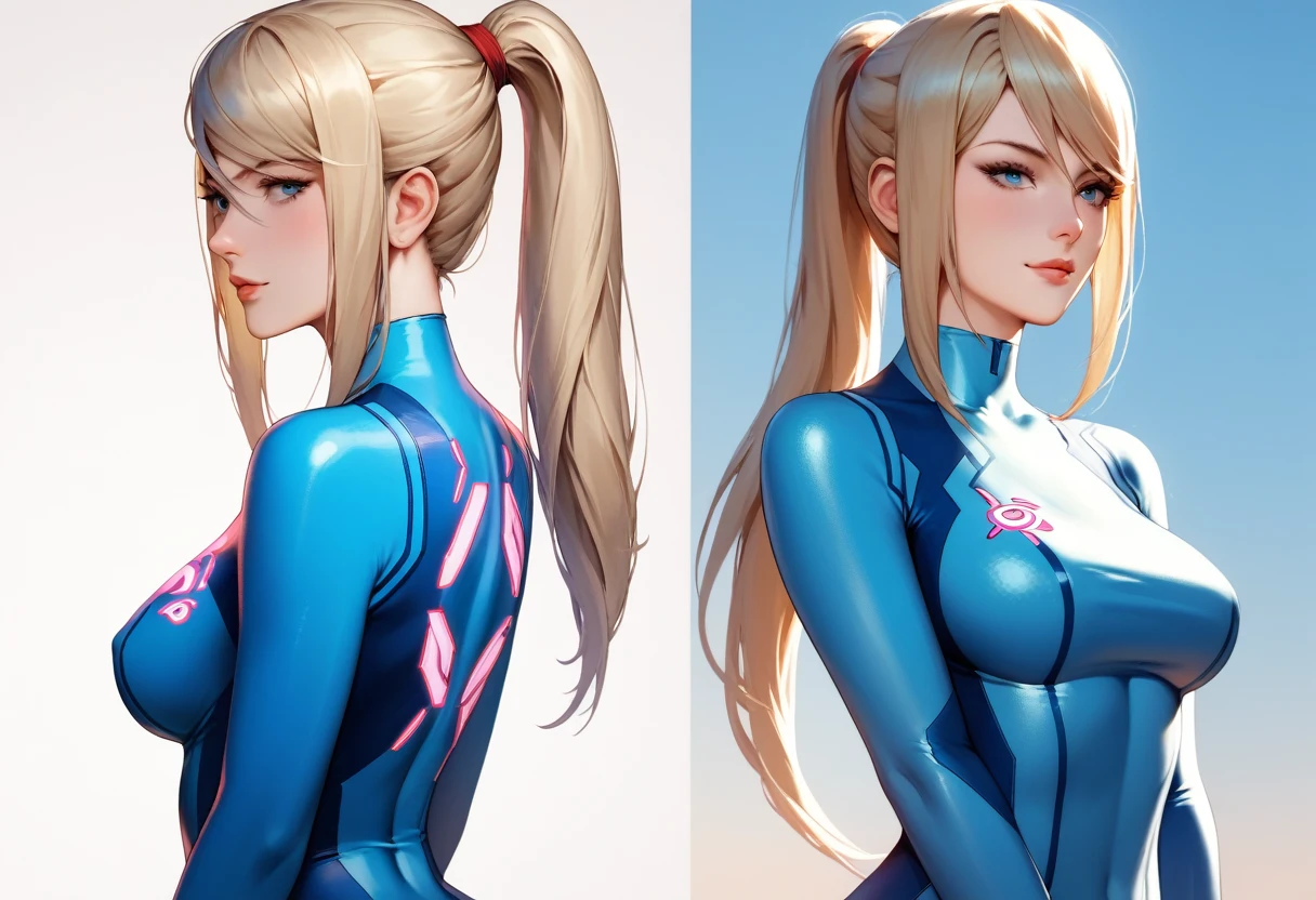 score_9, score_8_up, score_7_up, beautiful and intricate hair, high-res, beautiful aesthetic, very intricate, high quality details. samus aran, zero suit, bodysuit, light smile, cinematic lighting, multiple views, cowboy shot, upper body, from side, ass, breats, dynamic character design, simple background.
