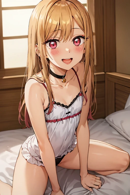 ((Best Quality)), ((masterpiece)), (be familiar with),  perfect face, indoor, bedroom,  watching viewers ,
One woman,  Kitakawa Kaiumi,
 characters with open mouth ,  ecstatic expression , blush, smile,
Small breasts,  flat chest, , ,  s, Girl,
Long Hair,  long hair ,
Leg spread,