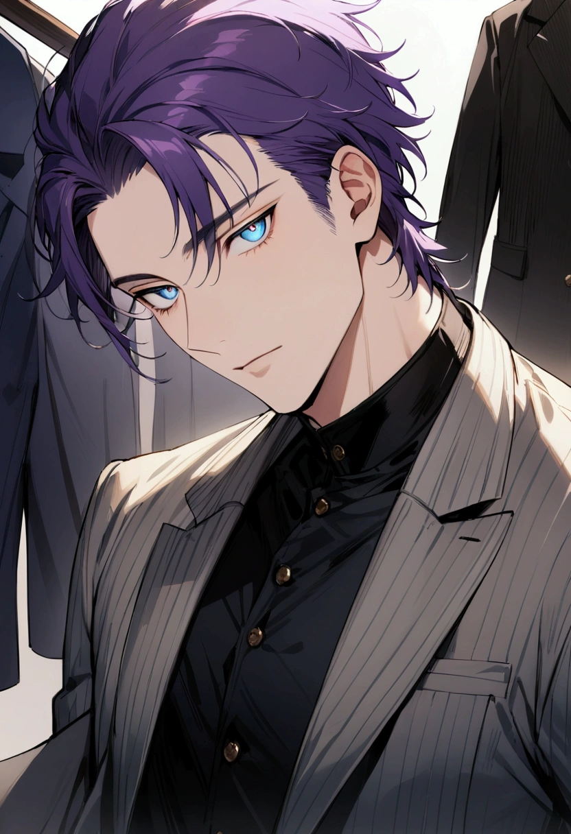 whole body、Character portrait、male、masterpiece、Handsome、The forehead is visible、1 man,  purple Hair、Worn suit、Jacket、Give bangs、Showing his forehead、Handsome、Intricately drawn eyes、good looking、((blue eyes)), 30 years old, handsome male