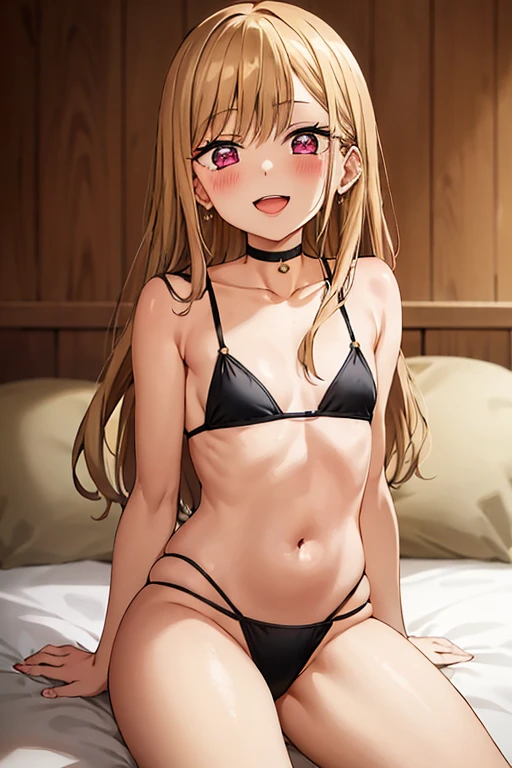 ((Best Quality)), ((masterpiece)), (be familiar with),  perfect face, indoor, bedroom,  watching viewers ,
One woman,  Kitakawa Kaiumi,
 characters with open mouth ,  ecstatic expression , blush, smile,
Small breasts,  flat chest, , ,  s, Girl,
Long Hair,  long hair ,
Leg spread,