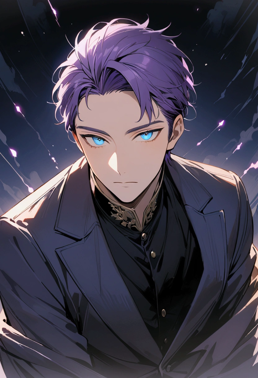 whole body、Character portrait、male、masterpiece、Handsome、The forehead is visible、1 man,  purple Hair、Worn suit、Jacket、Give bangs、Showing his forehead、Handsome、Intricately drawn eyes、good looking、((blue eyes)), 30 years old, handsome male