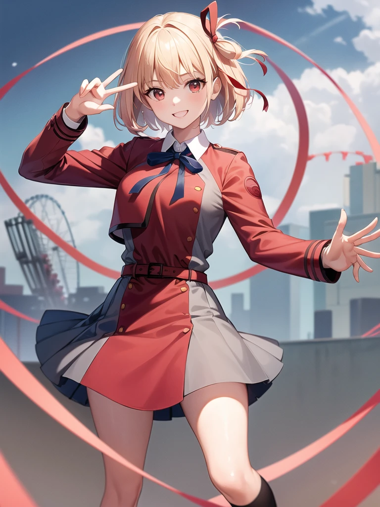 masterpiece, best quality, highres, aachisato, short hair, hair ribbon, breasts, neck ribbon, collared shirt, lycoris uniform, two-tone dress, red dress, grey dress, long sleeves, red belt, waving, smile, amusement park, standing