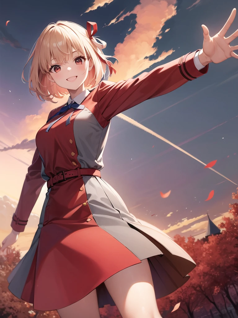 masterpiece, best quality, highres, aachisato, short hair, hair ribbon, breasts, neck ribbon, collared shirt, lycoris uniform, two-tone dress, red dress, grey dress, long sleeves, red belt, waving, smile, amusement park, standing